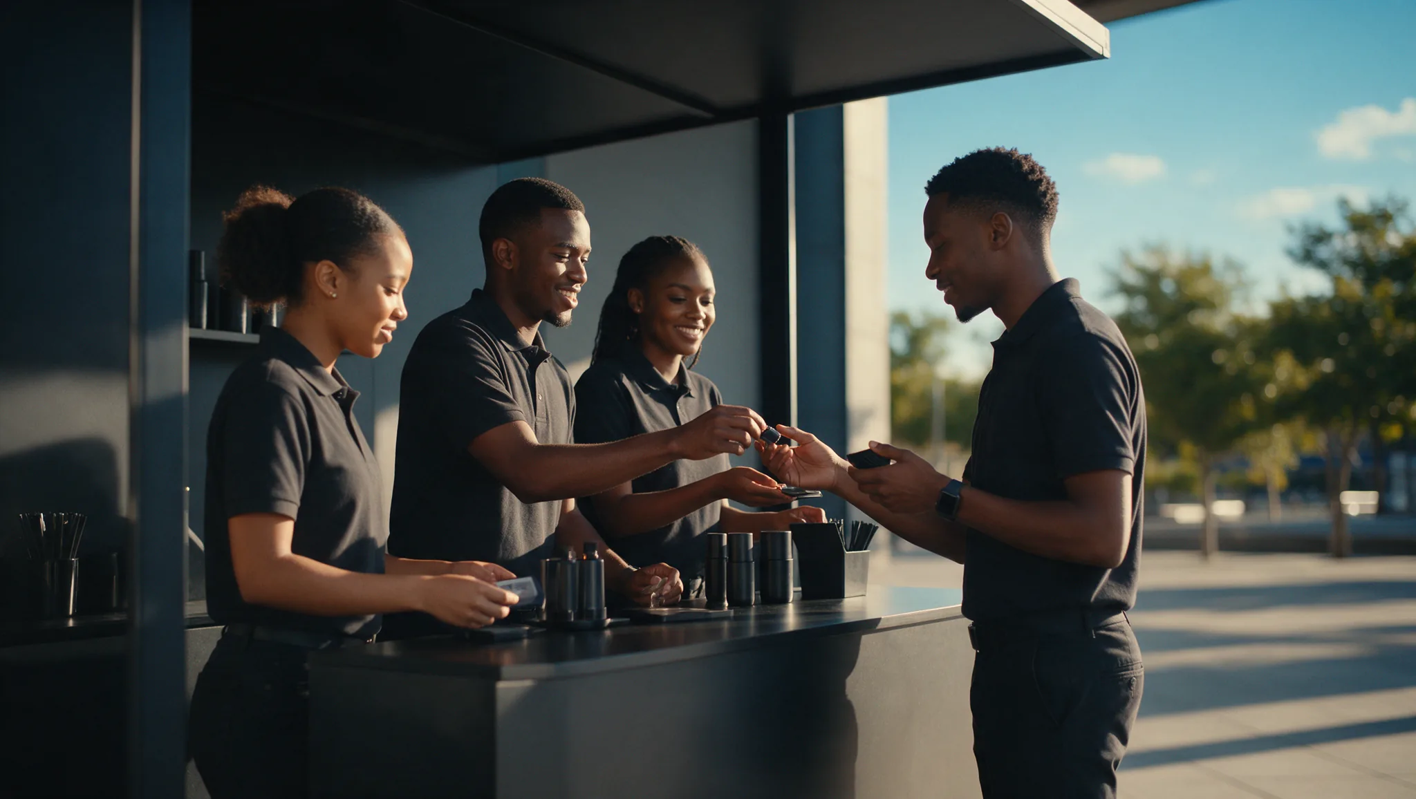 Three Sheauxcase brand ambassadors handing a sample to a guest across a dark counter at an outdoor activation in late afternoon sun.